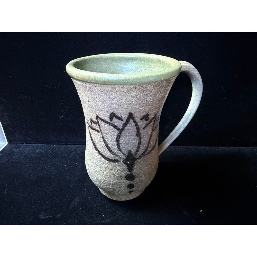 Studio Pottery Lotus Flower Mug Handcrafted Stoneware Sage Green‎ Glaze Artisan